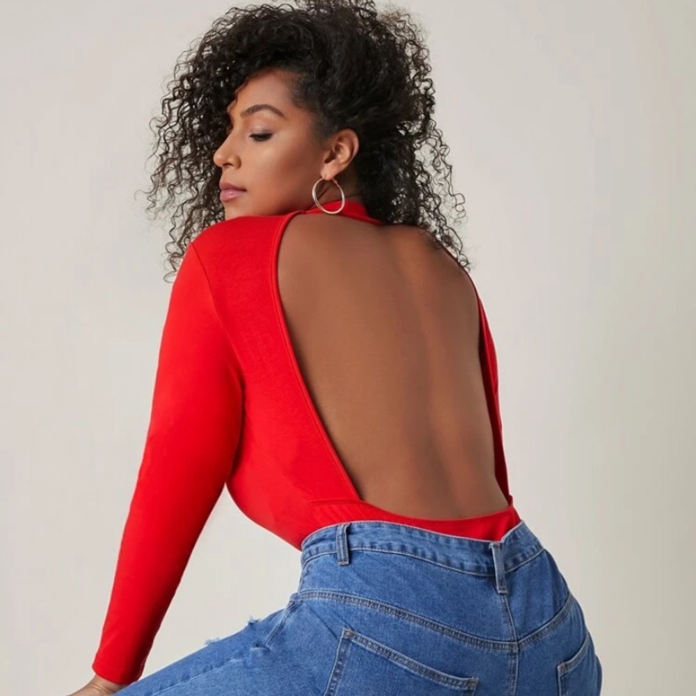 Open Back Solid Bodysuit- SHEIN